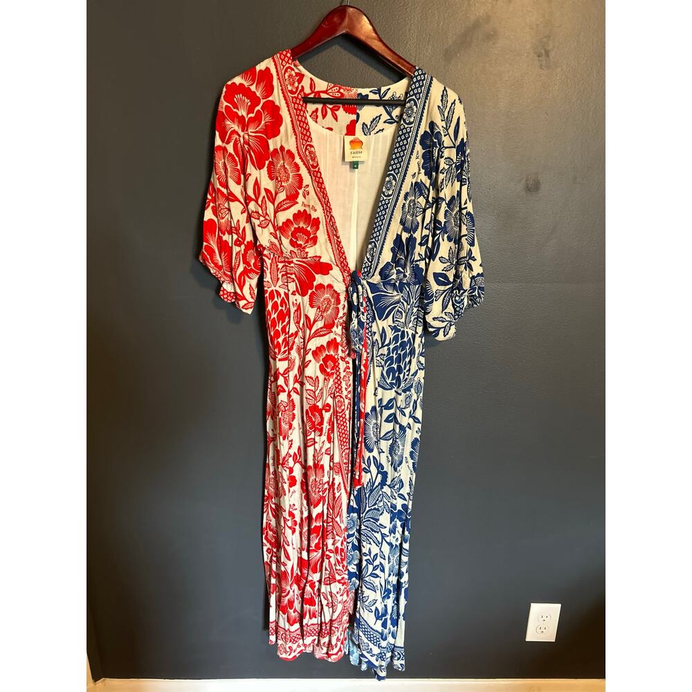 FARM Rio Red & Blue Floral Wrap Maxi Dress – Size M